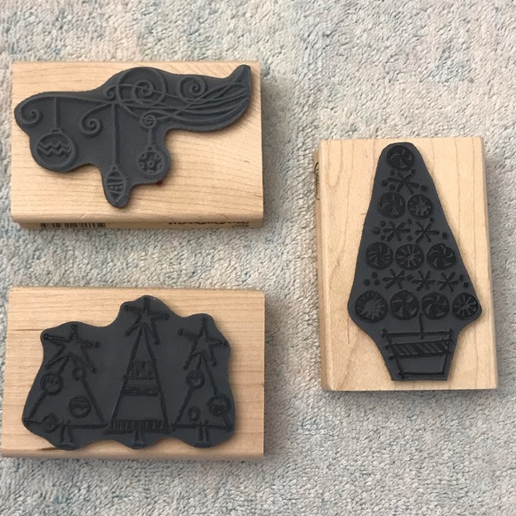 Three Christmas Tree/Ornaments Rubber Stamps Mounted on Wooden Blocks - Picture 2 of 6